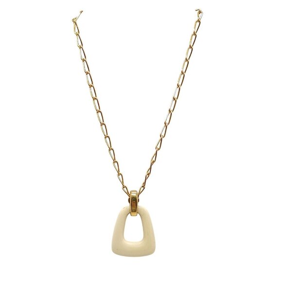 Trifari Mid Century Gold Tone Chain Necklace With Cream Enamel Pendant 16 Inches - Picture 1 of 6